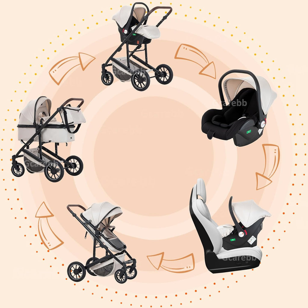 Gcarebb Passeggino 3 in 1, Buggy con Ovetto, Set Completo Passeggino Regolabile in Altezza, Passeggino Combinato con Telaio in Alluminio per Neonati 0-4 Anni