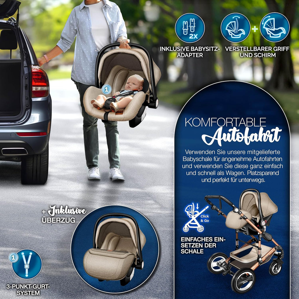 KIDUKU® Set completo passeggino 3 in 1 | Set passeggino combinato con navicella e sedile sportivo passeggino e seggiolino auto ovetto sacco a pelo | Ruote in gomma piena borsa per il cambio scaldamani parapioggia tavolino ECE R129