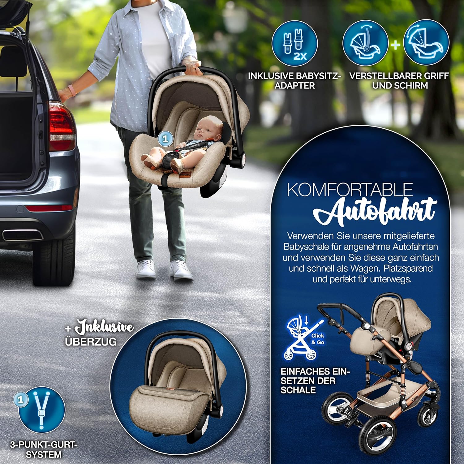 KIDUKU® Set completo passeggino 3 in 1 | Set passeggino combinato con navicella e sedile sportivo passeggino e seggiolino auto ovetto sacco a pelo | Ruote in gomma piena borsa per il cambio scaldamani parapioggia tavolino ECE R129