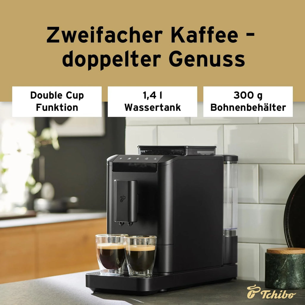 Tchibo Macchina da Caffè Automatica Esperto2 Caffè con Funzione 2 Tazze per Caffè Crema ed Espresso, Nero Granito - INCLUSO set di prova caffè GRATUITO