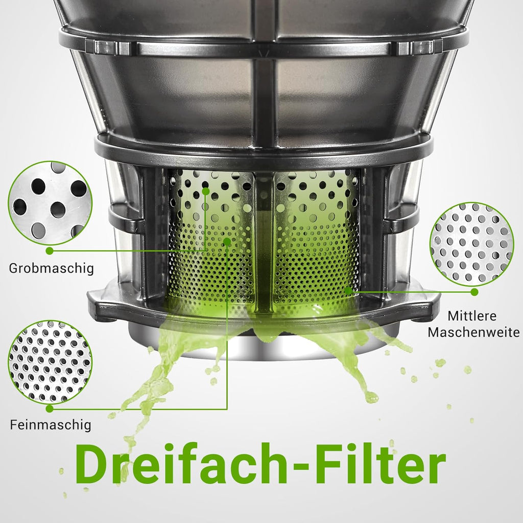 AMZCHEF Estrattore di Succo Automatico Tutto in Uno, Apertura da 135MM e Spremiagrumi da 1,8L per Frutta e Verdura, Estrattore di Succo Lento 250W Vincitore del Test con Triplo Filtro - Nero