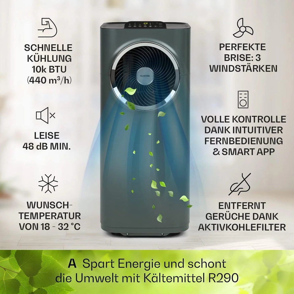 Klarstein Condizionatore Portatile 5-in-1 con Tubo di Scarico, Ventilatore, Deumidificatore, Purificatore d'Aria e Modalità Notturna, Controllo tramite App, Piccolo e Portatile, per Casa e Ufficio, 12000 BTU