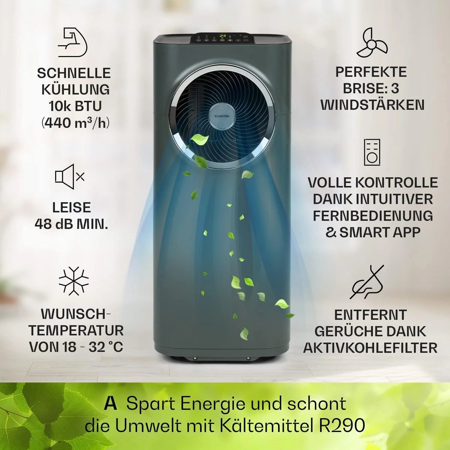 Klarstein Condizionatore Portatile 5-in-1 con Tubo di Scarico, Ventilatore, Deumidificatore, Purificatore d'Aria e Modalità Notturna, Controllo tramite App, Piccolo e Portatile, per Casa e Ufficio, 12000 BTU