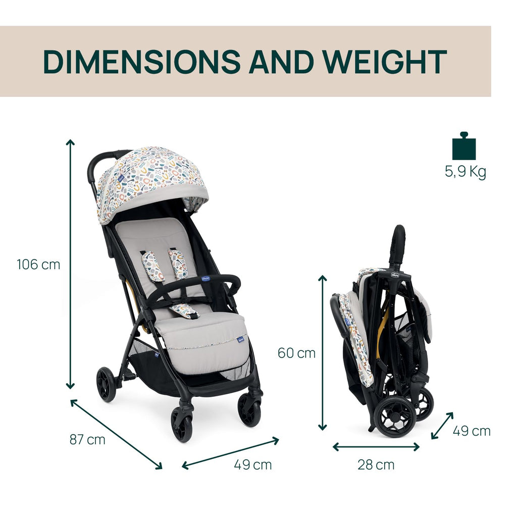 Chicco, Glee, Kinderwagen ab 0 Monate bis 4 Jahre, mit Automatik- und Kompaktverschluss, Ausziehbares Verdeck mit Lichtschutzfaktor 50+ und Regenschutz, 3-stufig verstellbare Rückenlehne, Beinauflage