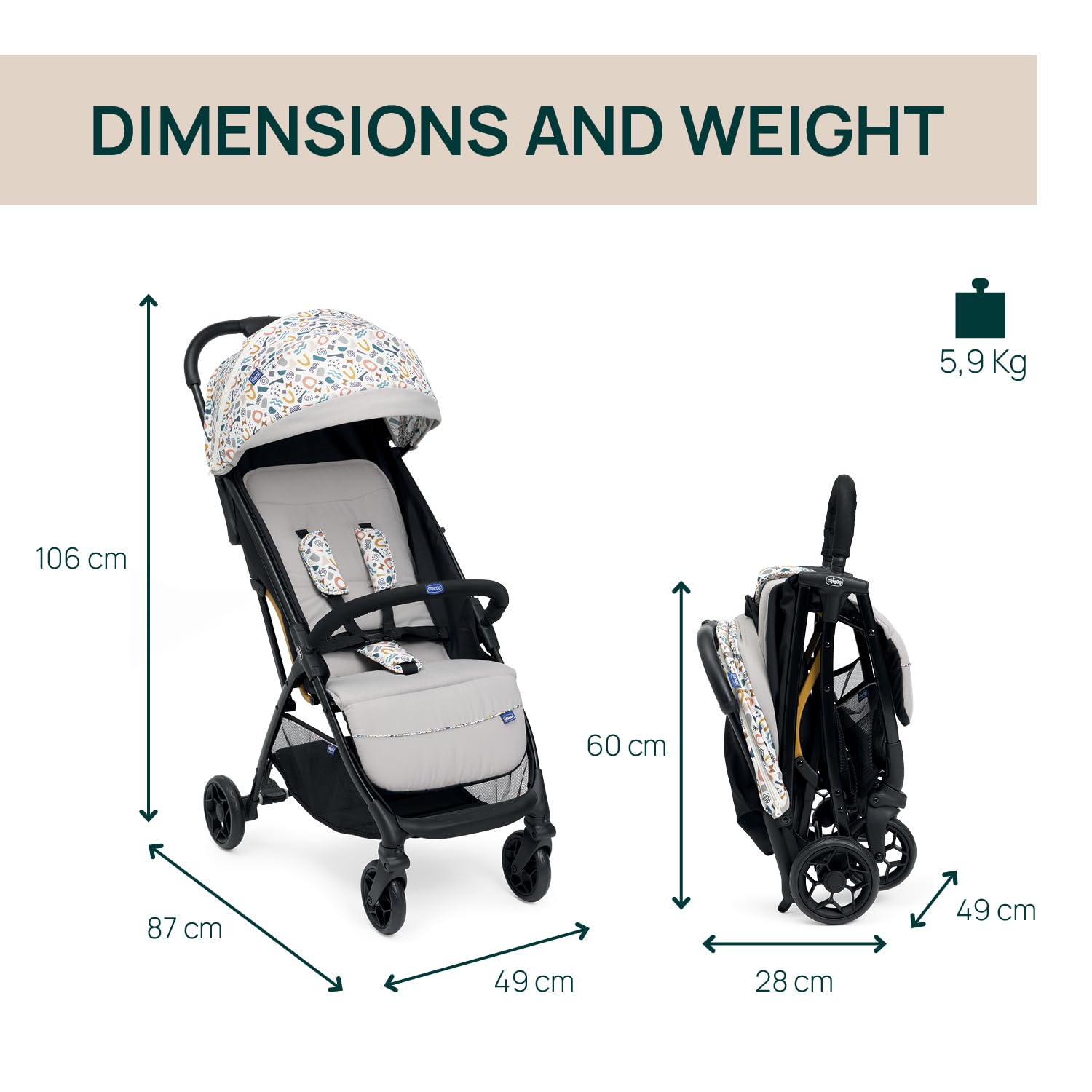 Chicco, Glee, Kinderwagen ab 0 Monate bis 4 Jahre, mit Automatik- und Kompaktverschluss, Ausziehbares Verdeck mit Lichtschutzfaktor 50+ und Regenschutz, 3-stufig verstellbare Rückenlehne, Beinauflage