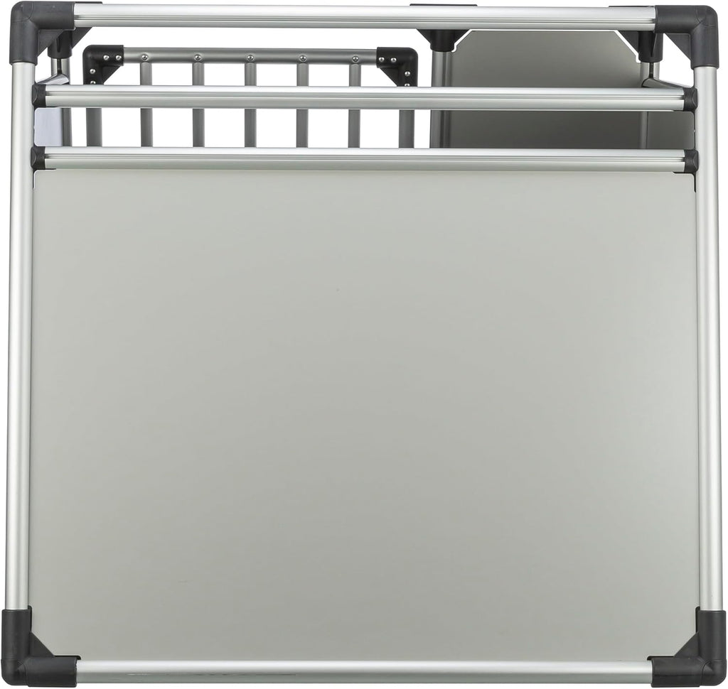 TRIXIE Hunde-Transportbox Aluminium in silber – M: 55 × 62 × 73 cm, stabile und geräuscharme Hundebox mit abgeschrägten Seiten, Sicherheitsverschluss & rutschfester Liegematte – 39342