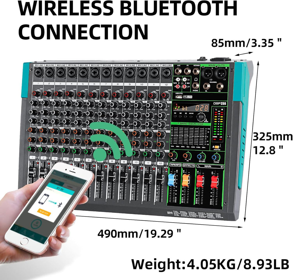 Depusheng PA12 Mixer DJ Professionale a 12 Canali con 256 Effetti DSP, Ingresso Bluetooth, Lettore USB, Alimentazione Phantom 48V