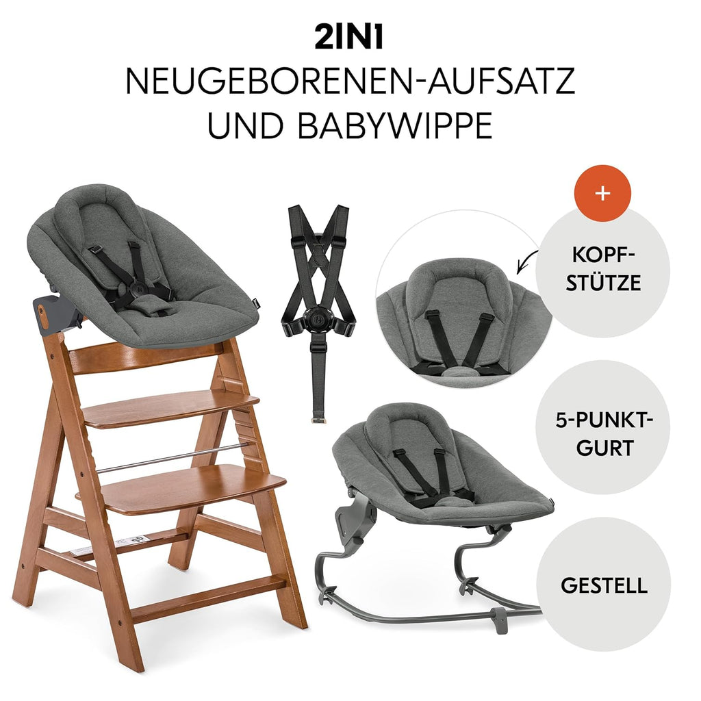 hauck Alpha Plus Newborn Set mit Premium Bouncer Dark Grey - Baby Holz Hochstuhl ab Geburt mit Liegefunktion - extra flacher Aufsatz für Neugeborene & Baumwoll Sitzpolster - Grau