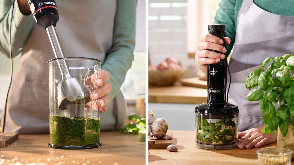 Bosch Frullatore a immersione ErgoMaster Serie 4, 1000 Watt, Piede in acciaio inox, Tritatutto, Bicchiere graduato, nero