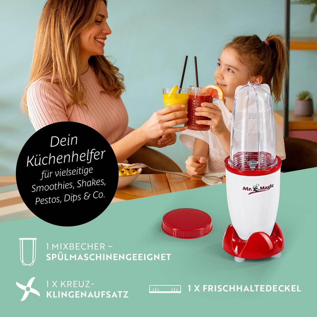 GOURMETmaxx Frullatore per Smoothie e Frullatore a Immersione Set da 18 pezzi - 400W | Frullatore Elettrico da 750ml, Mixer con 4 Bicchiere To-Go, 2 Lame, Spremiagrumi, Piedistallo e Coperchio | Lavabile in Lavastoviglie, a Prova di Perdite e Senza BPA
