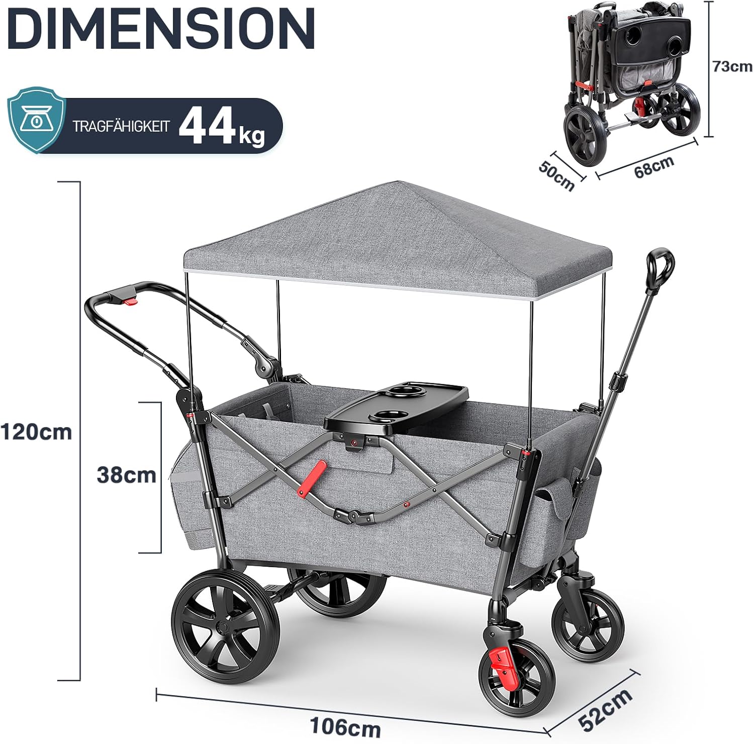 EVER ADVANCED Carretto per 2 bambini pieghevole con tetto, passeggino con cinture di sicurezza a 5 punti, zaino fasciatoio, carretto con sedile, carrello di trasporto, spinta e trazione, freno a pedale