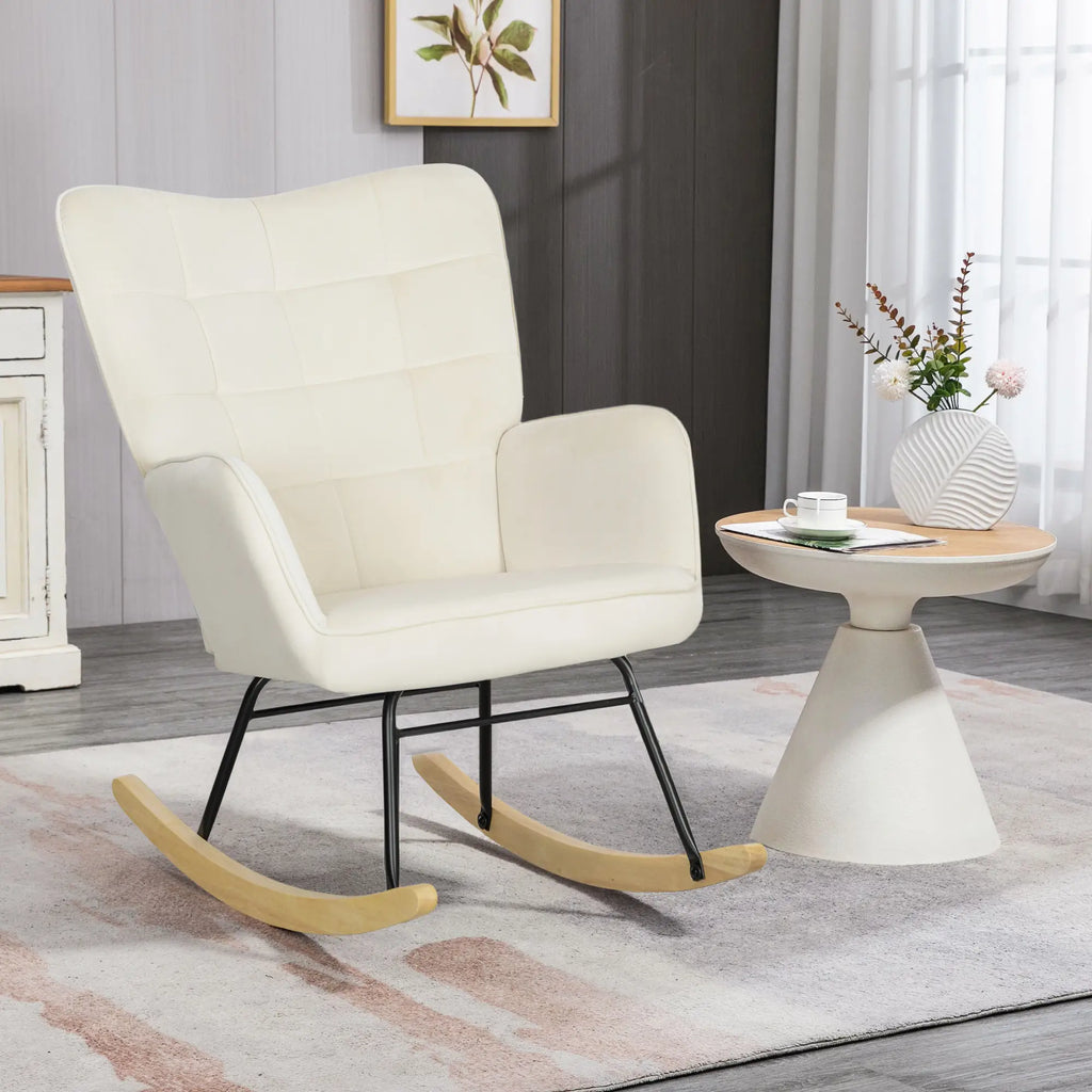 HOMCOM Schaukelstuhl Samtoptik Holzkufen Elegantes Design Beige