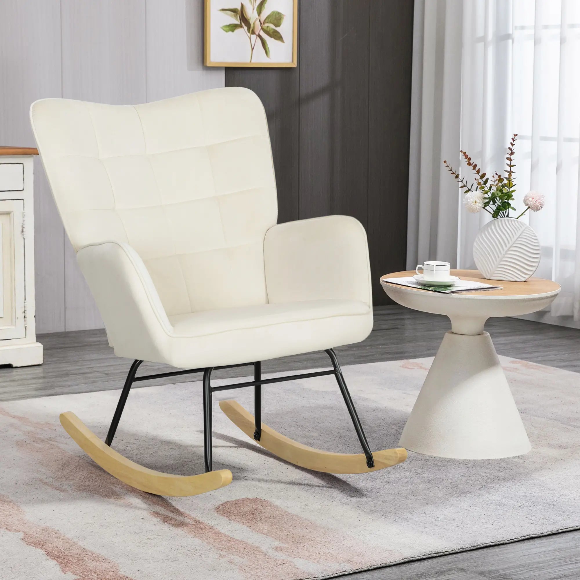 HOMCOM Schaukelstuhl Samtoptik Holzkufen Elegantes Design Beige