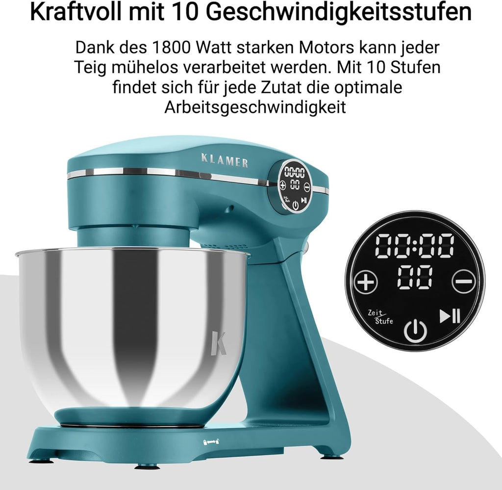 Impastatrice Planetaria KLAMER 1800W, con Ciotola in Acciaio Inossidabile da 6 Litri, 10 Velocità con Timer, Frusta a Filo, Gancio Impastatore, Frusta Piatta e Paraspruzzi