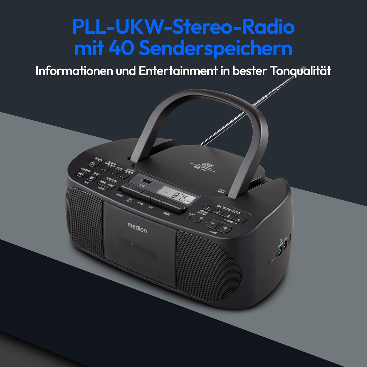 MEDION E65010 Radioregistratore stereo (lettore CD, cassetta, porta USB, ingresso audio AUX, riproduzione MP3, radio PLL FM, 40 stazioni memorizzabili, funzionamento a batteria, telecomando) bianco