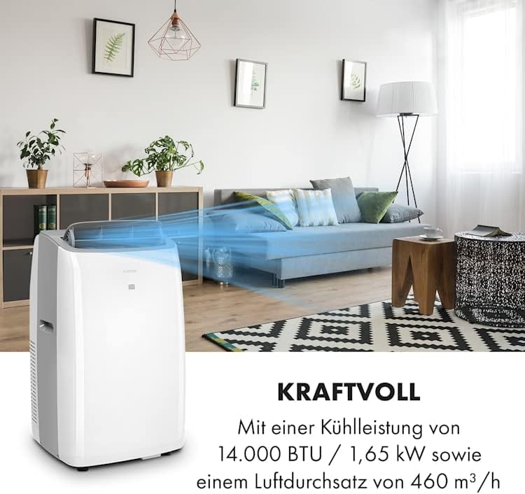 Klarstein Condizionatore Mobile con Tubo di Scarico, Climatizzatore 4 in 1, Ventilatore, Deumidificatore e Modalità Notturna, Condizionatore Piccolo e Portatile per Casa e Ufficio, Basso Consumo, 14000BTU