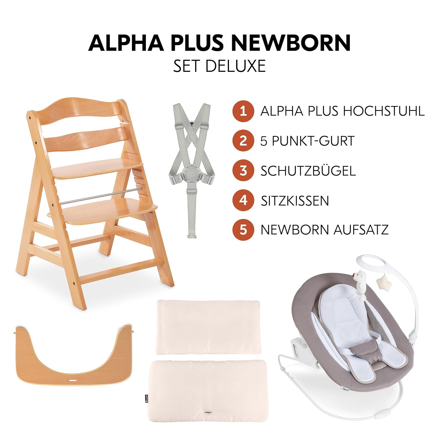 hauck Alpha Plus Newborn Set Deluxe - Seggiolone Pappa Legno da Nascita con Funzione Sdraietta - include Sdraietta per Neonato & Cuscino - Evolutivo, Regolabile - Dark Grey