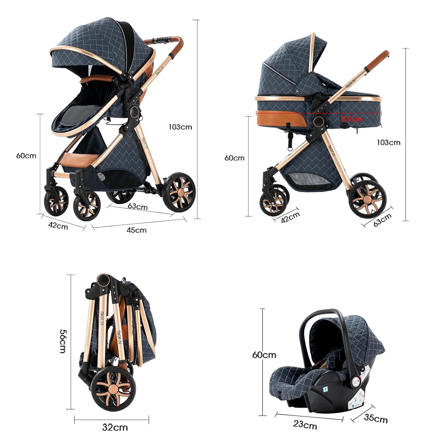 Sianldcone Passeggino 3 in 1, Set Passeggino con Tessuti di Alta Qualità, Sistemi di Viaggio con Spinta Reversibile, Passeggino Combinato a Vista Aperta Set Completo 3 in 1 (V9 Cachi)