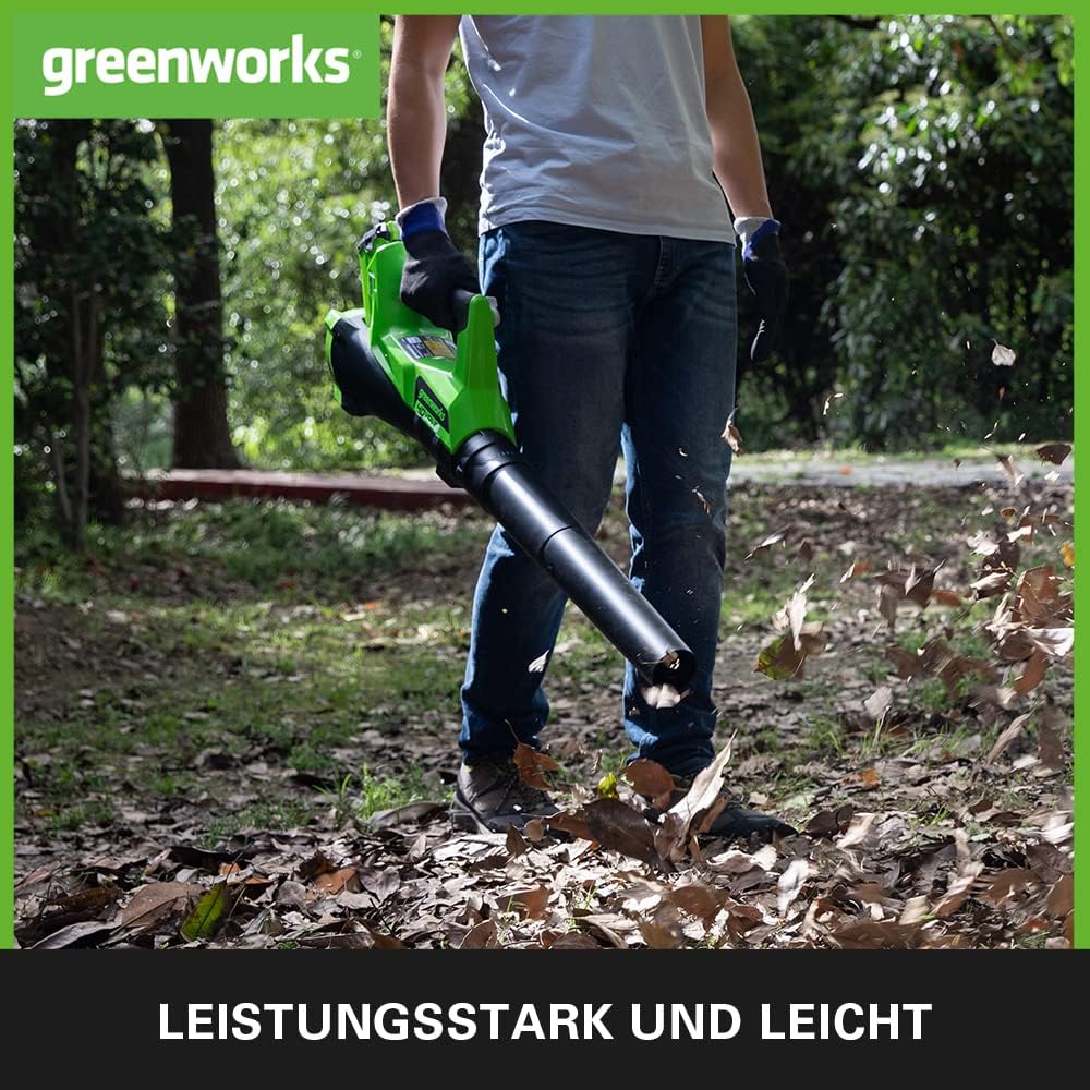 Greenworks GD40ABK2X Axial Akku Laubbläser mit bürstenlosem Motor, 210 km/h, 15,6 m³/min, zwei 40V 2Ah Akkus & Ladegerät, 3 Jahre Garantie