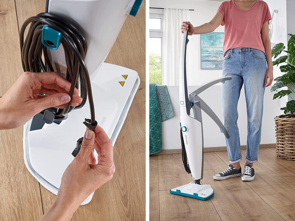 Leifheit Pulitore a vapore CleanTenso Power 2.0 con vapore caldo contro i batteri, Mop a vapore con tempi di riscaldamento brevi e 50 minuti di autonomia, Scopa a vapore per la pulizia degli angoli, Spazzola a vapore dal design moderno