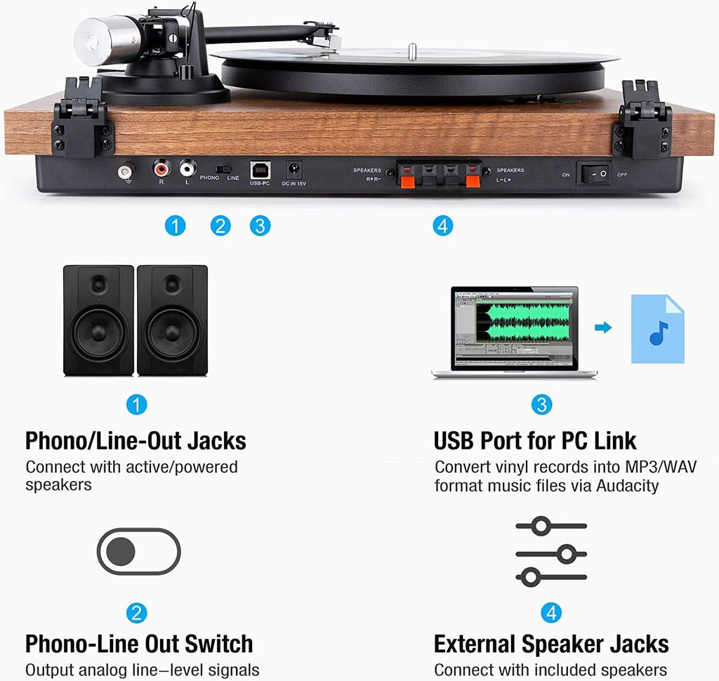 1 by ONE Plattenspieler mit Integrierten Lautsprechern Bluetooth 33/45 U/min Riemenantrieb MM Vinyl Record Player mit Auto-Stopp Funktion Phono-Vorverstrker