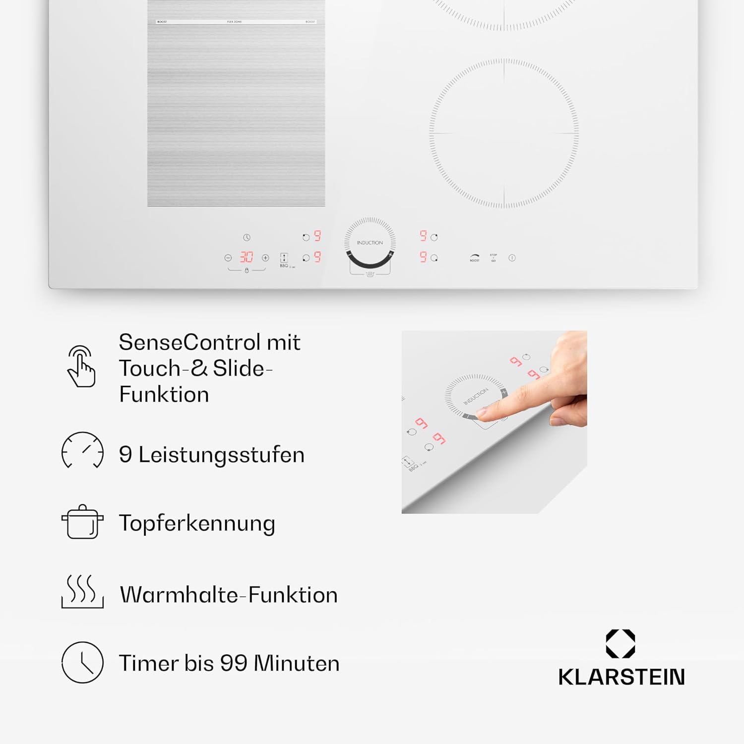Klarstein Piano Cottura a Induzione, Piano Cottura in Vetroceramica, con 4 Piastre, Incasso con Display Touch, Display Digitale e Funzione Timer, Riscaldamento Veloce, 7000 Watt