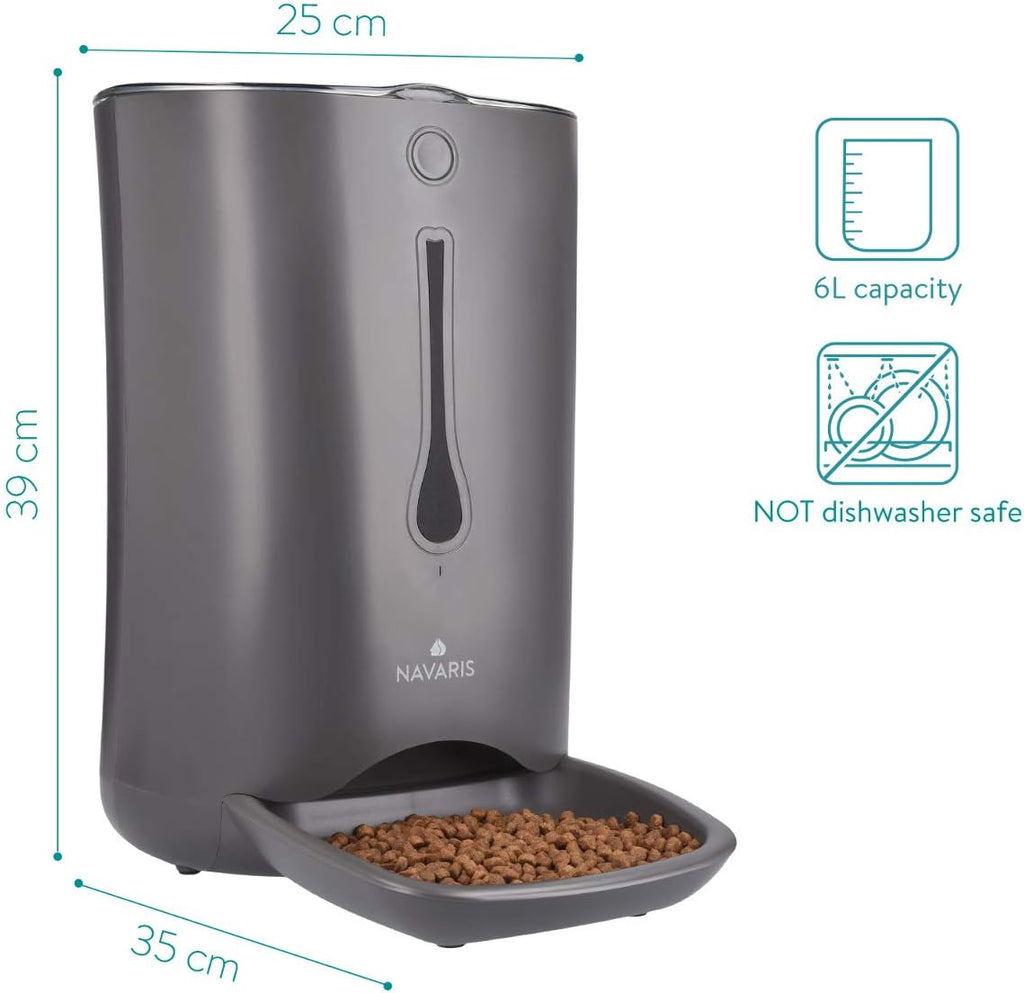 Navaris Distributore Automatico di Cibo con Timer - Ciotola per Alimenti Automatica da 6L con Timer e Notifica Sonora - per Cane e Gatto