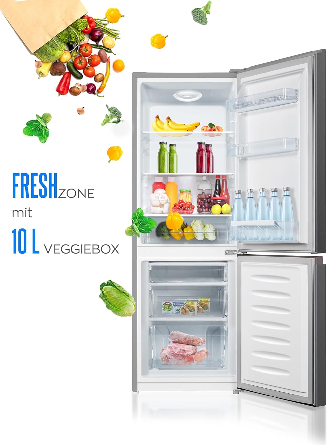 HEINRICHS Frigorifero-congelatore 175 litri, Volume frigorifero 122 litri, Scomparto congelatore 53 litri, Illuminazione interna a LED, Porta frigorifero reversibile, Silenzioso 39 dB, Grandi cassetti congelatore, 7 livelli di temperatura, Inox