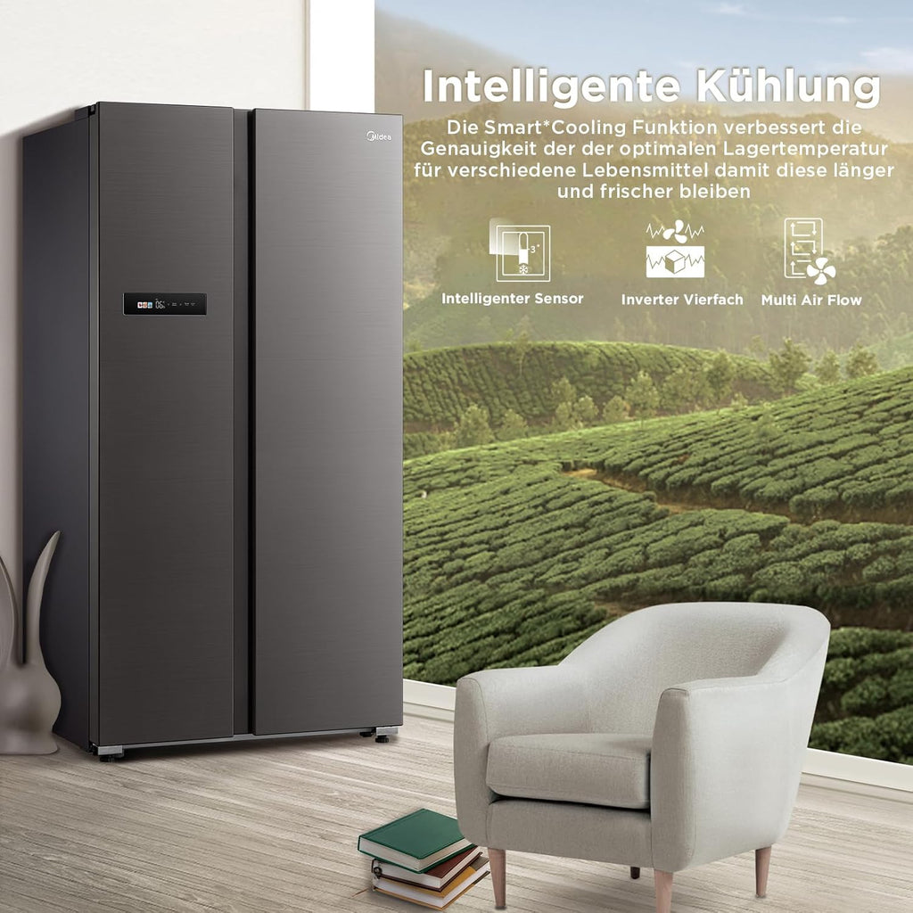 Midea KS-DDX 6.32 WT Frigorifero Side-by-Side con Congelatore/Altezza 178,8 cm/254 kWh/anno/No Frost/Compressore Dual Inverter/con Distributore di Acqua e Ghiaccio 3-in-1 e Serbatoio d'Acqua, Inox Scuro