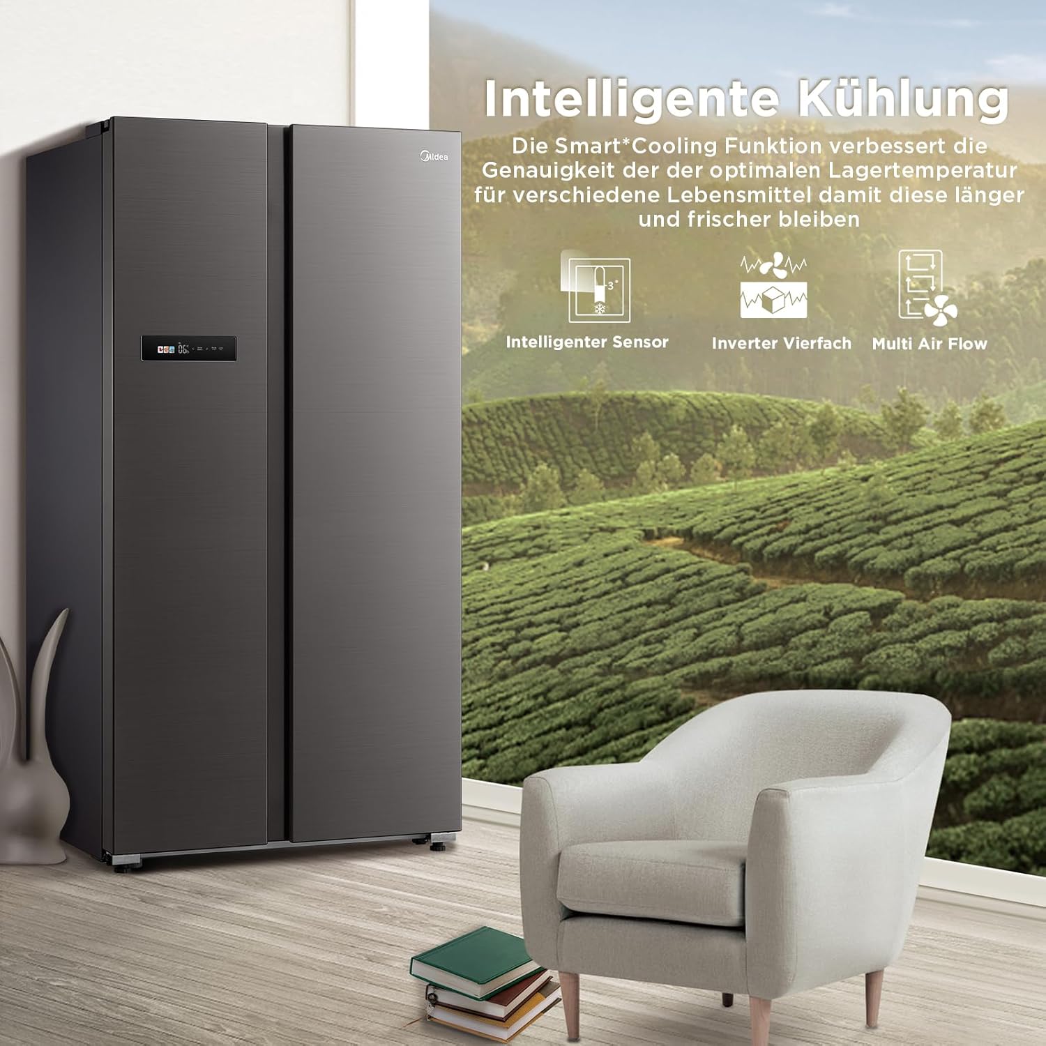 Midea KS-DDX 6.32 WT Frigorifero Side-by-Side con Congelatore/Altezza 178,8 cm/254 kWh/anno/No Frost/Compressore Dual Inverter/con Distributore di Acqua e Ghiaccio 3-in-1 e Serbatoio d'Acqua, Inox Scuro