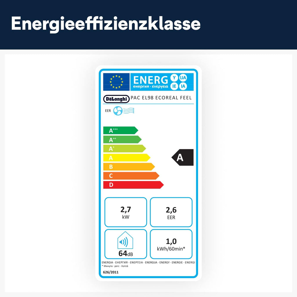 De'Longhi Pinguino PAC EM82, Condizionatore Portatile per ambienti fino a 80 m, 9.400 BTU, 2,4 kW, 63 dB, Funzione Deumidificatore, Classe Energetica A, Timer 24h, Bianco