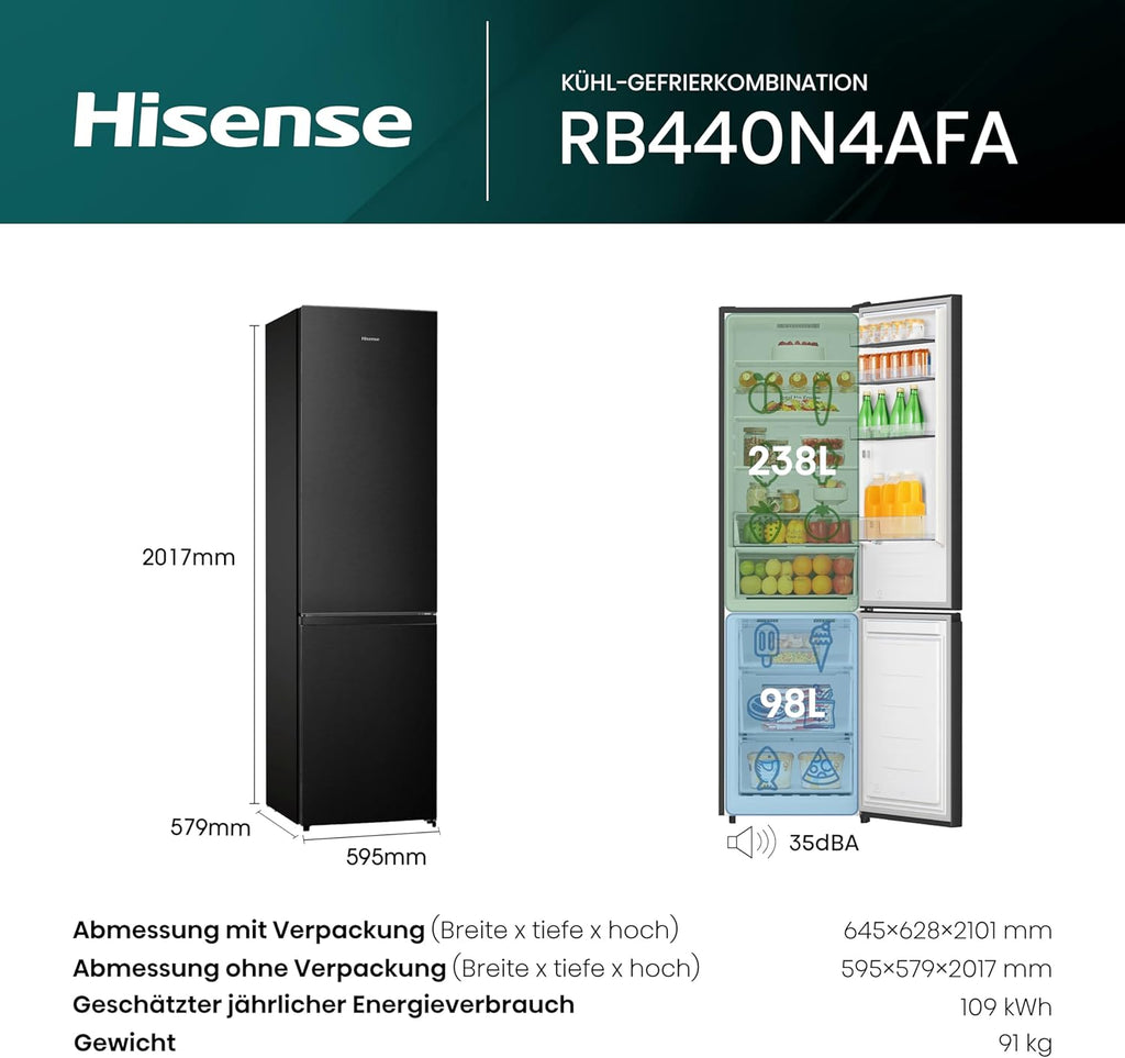 Hisense RB327N4ADD Frigorifero Combinato, Classe Energetica D, Total NoFrost, Porta Reversibile, Griglia Portabottiglie, Vano Frigo 171 Litri, Vano Congelatore 85 Litri, Look Acciaio Inox