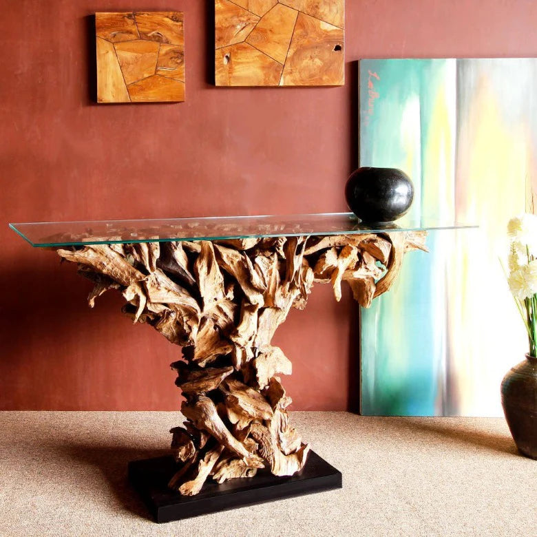 Teak Wurzel Sideboard REGINA Glasplatte 160cm