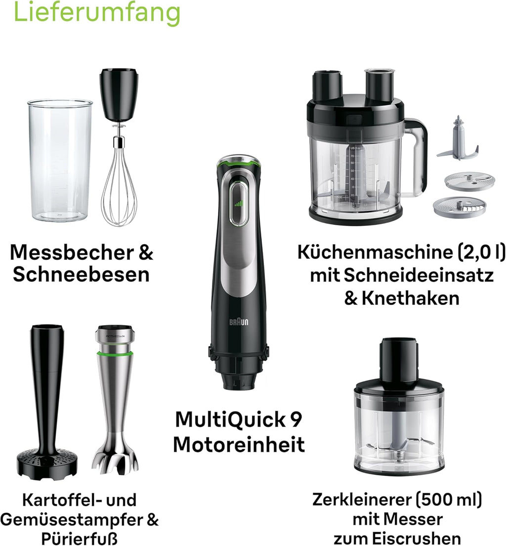Braun MultiQuick 9 MQ 9187XLI – 5-in-1 Stabmixer mit Küchenmaschinen-Aufsatz, Zerkleinerer, Kartoffel- & Gemüsestampfer & Schneebesen, stufenlose Geschwindigkeitseinstellung, 1200 W, Schwarz/Edelstahl