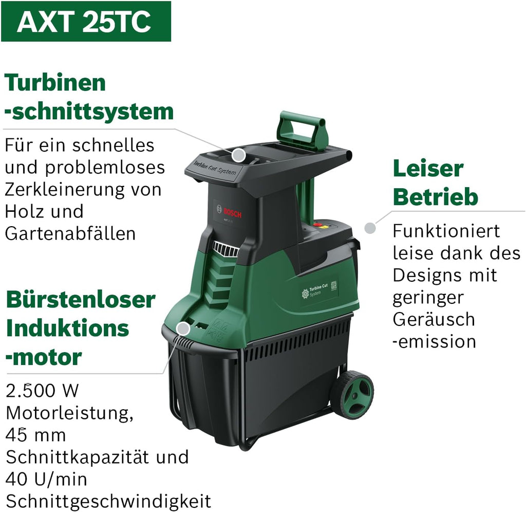 Bosch Trituratore a turbina AXT 25 TC (2.500 W; adatto per legno e residui di giardinaggio duri; include guanti da giardinaggio; contenitore di raccolta integrato da 53 l; in cartone) – Edizione