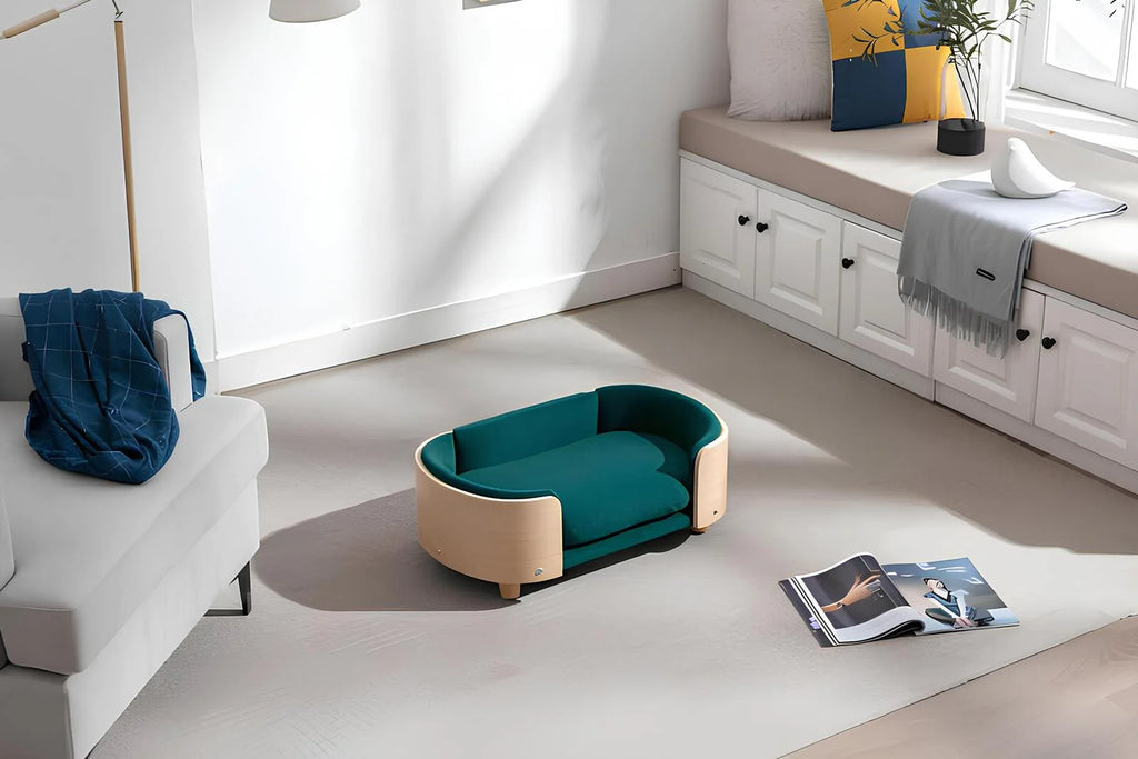 HolzHundebett – Lettino per cani moderno in legno con cuscino confortevole