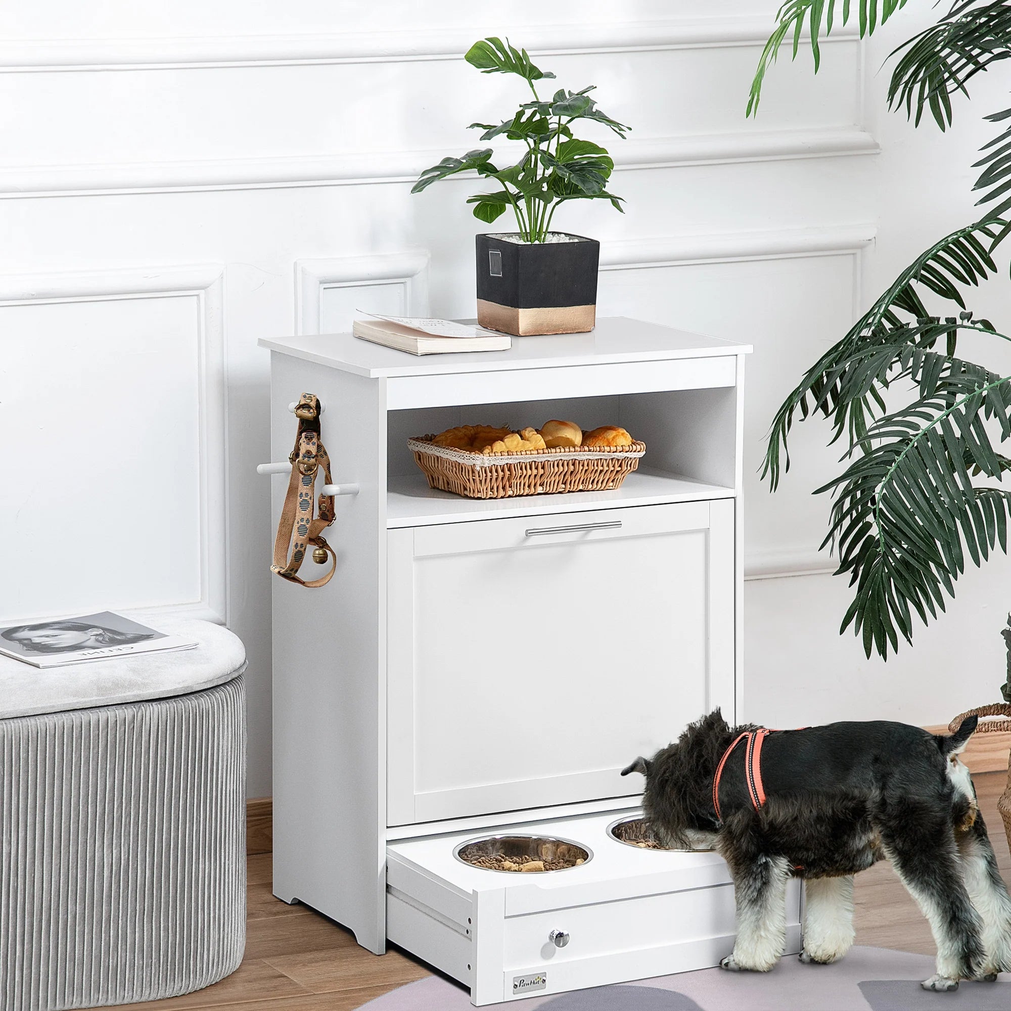 PawHut Mangiatoia per Cani con Cassetto e Contenitore, Bianca
