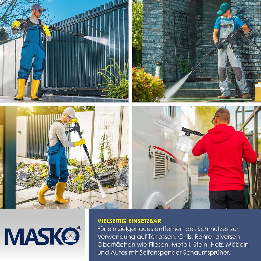 MASKO® Idropulitrice 2200 Watt 165 bar 450 l/h, con avvolgitubo 10m, set accessori 9 pezzi, con serbatoio per sapone e ugello schiumogeno, pistola ad alta pressione per auto/recinzioni/giardino/pati (Grigio)