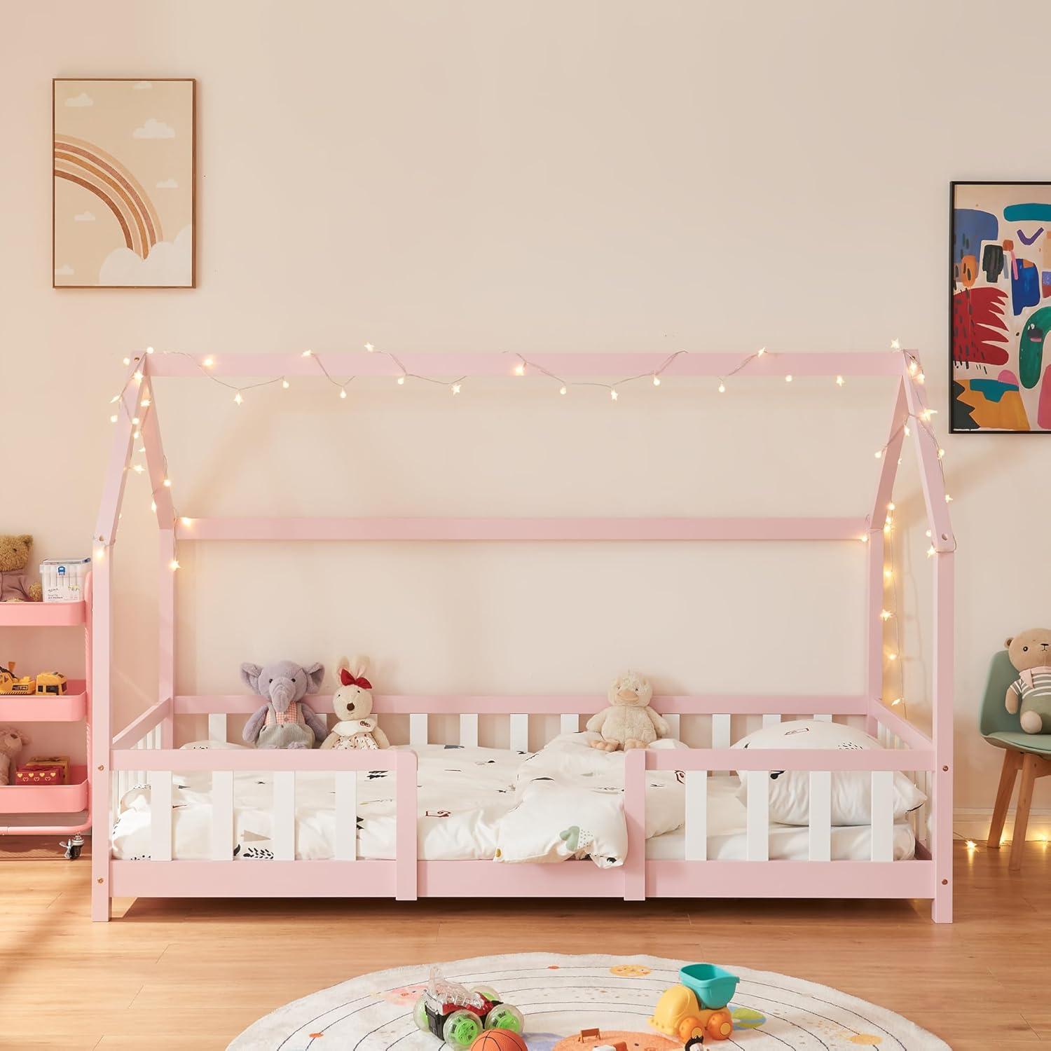 [en.casa] Letto per bambini Sisimiut a capanna 80 x 160 cm con protezione anticaduta letto in legno per bambini letto a terra rete a doghe in legno di pino Bianco opaco