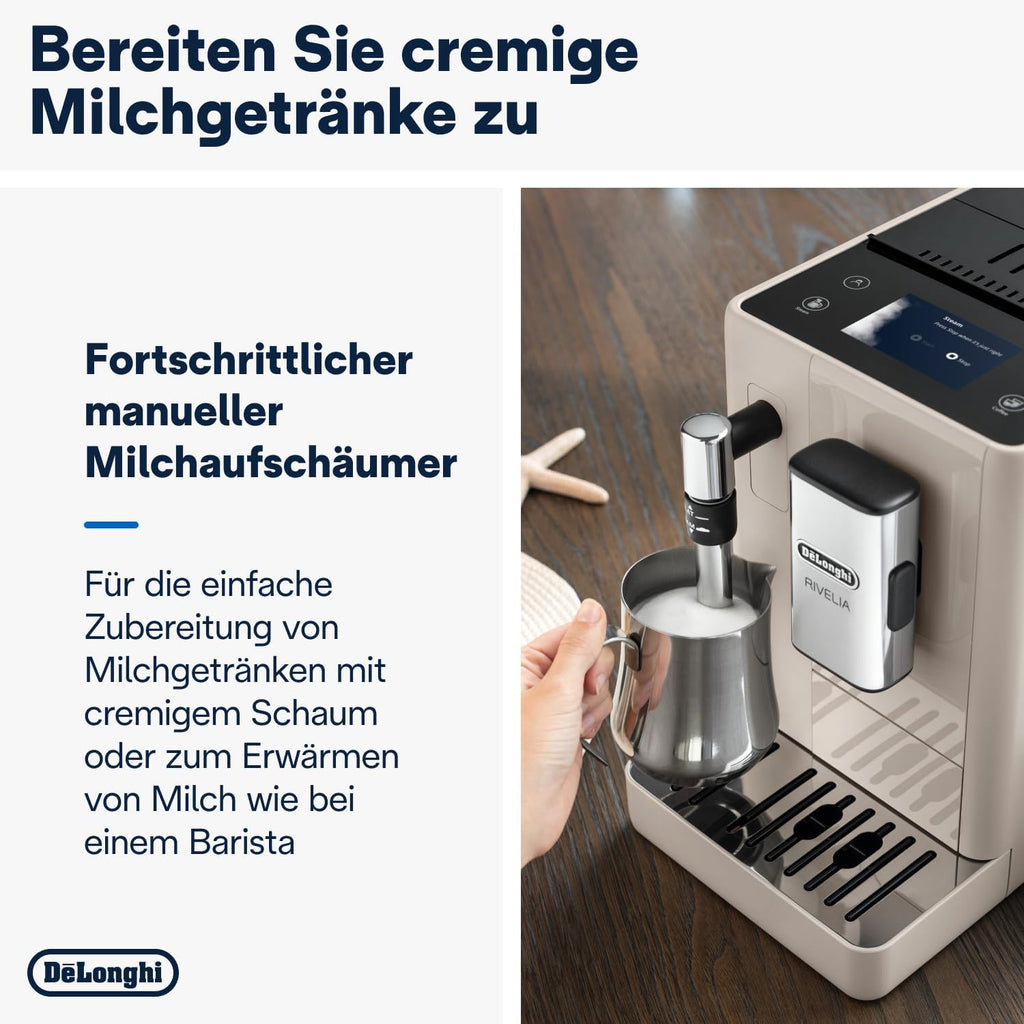De'Longhi Rivelia EXAM440.35.BG Macchina da caffè automatica con lancia vapore, contenitore chicchi intercambiabile, 8 bevande a base di caffè one-touch, funzione Extra Shot, display touch da 3,5 pollici, Beige