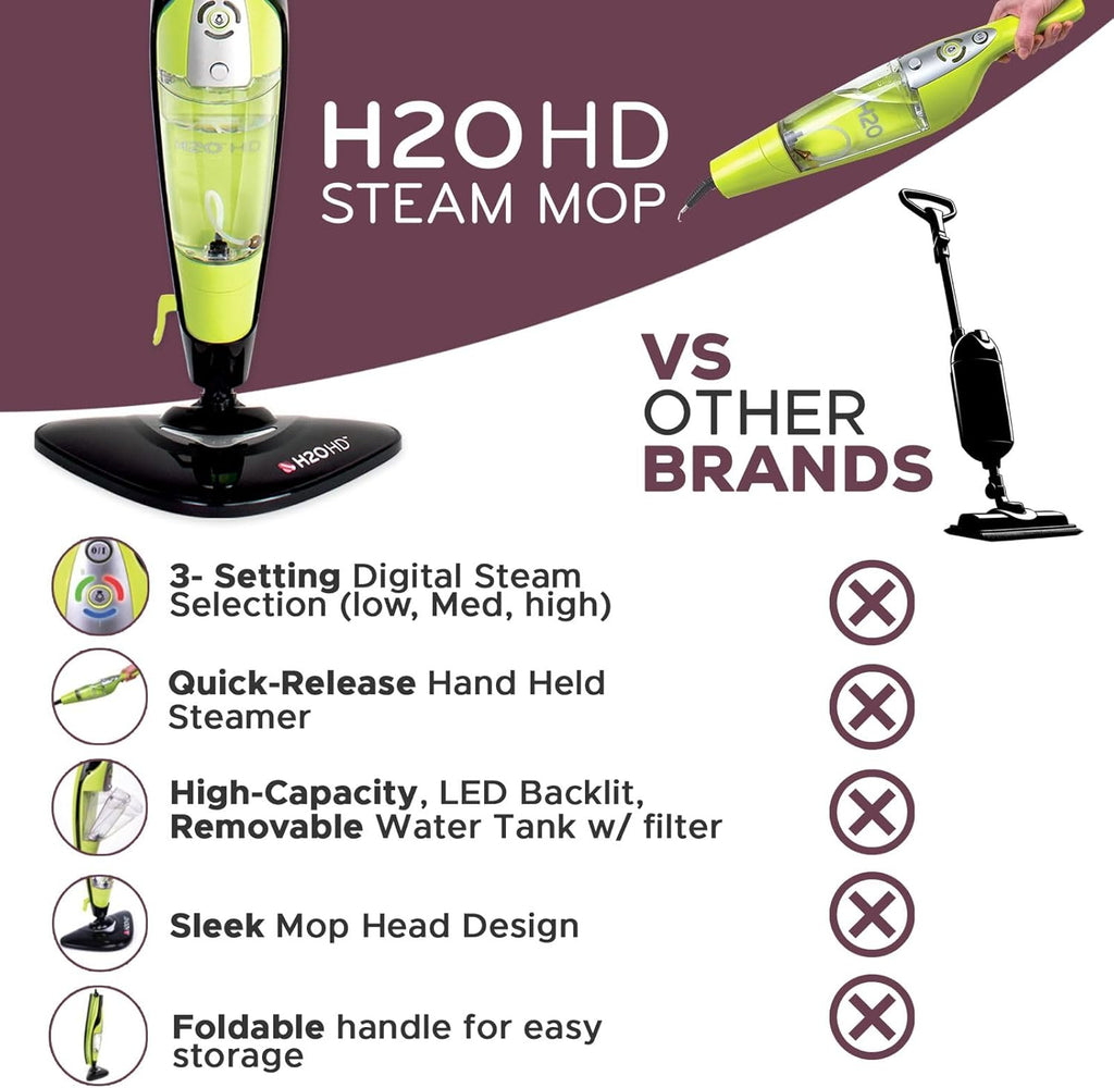 H2O HD Scopa a vapore e pulitore a vapore - Uccide il 99,9% dei batteri senza detergenti chimici (H20 HD Steam Mop & Steam Cleaner)