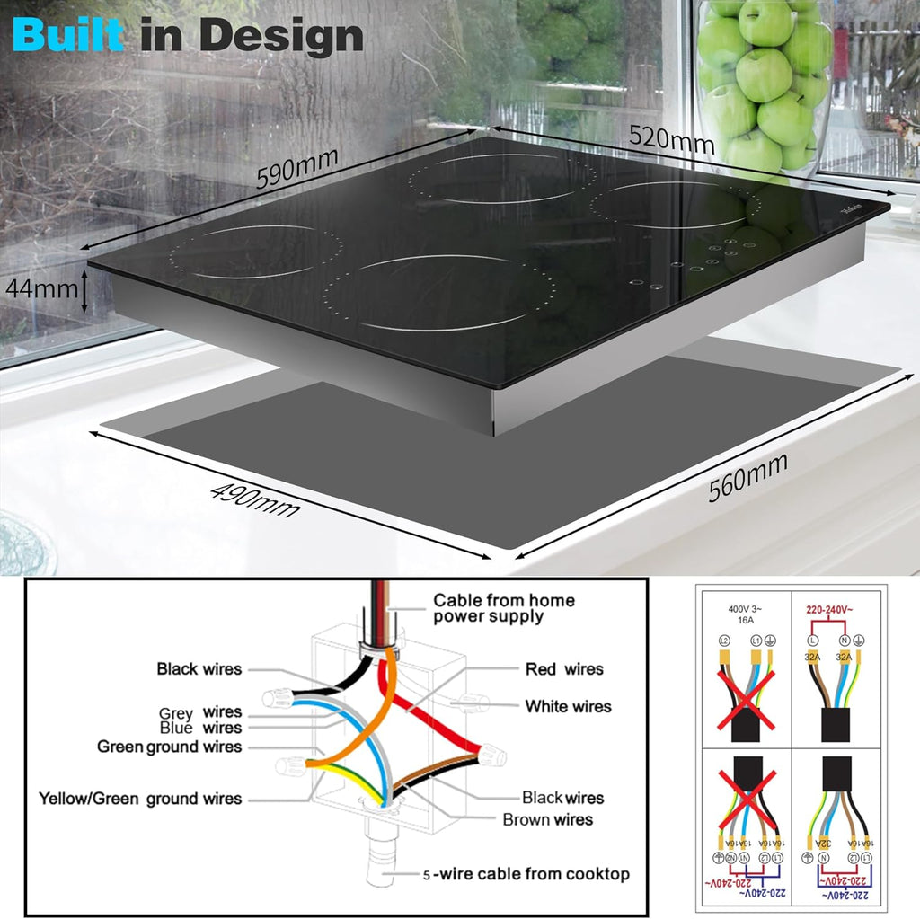 Piano cottura in vetroceramica a 4 zone, sensore touch, controllo autonomo, 60cm, 6000W, 9 livelli di potenza, cablato, senza spina