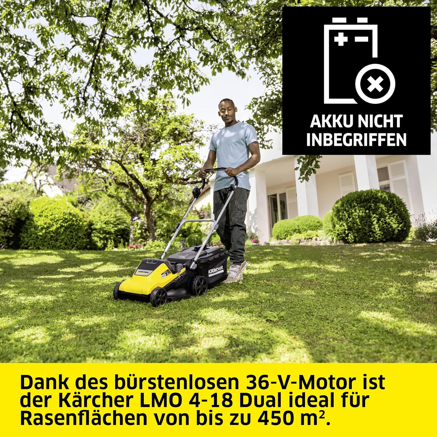 Kärcher Akku-Rasenmäher LMO 2-18, Grasfangbehältervolumen 30 l, 5 stufige Schnitthöhenverstellung 3.500 U/min, ohne Akku und Ladegerät, gelb