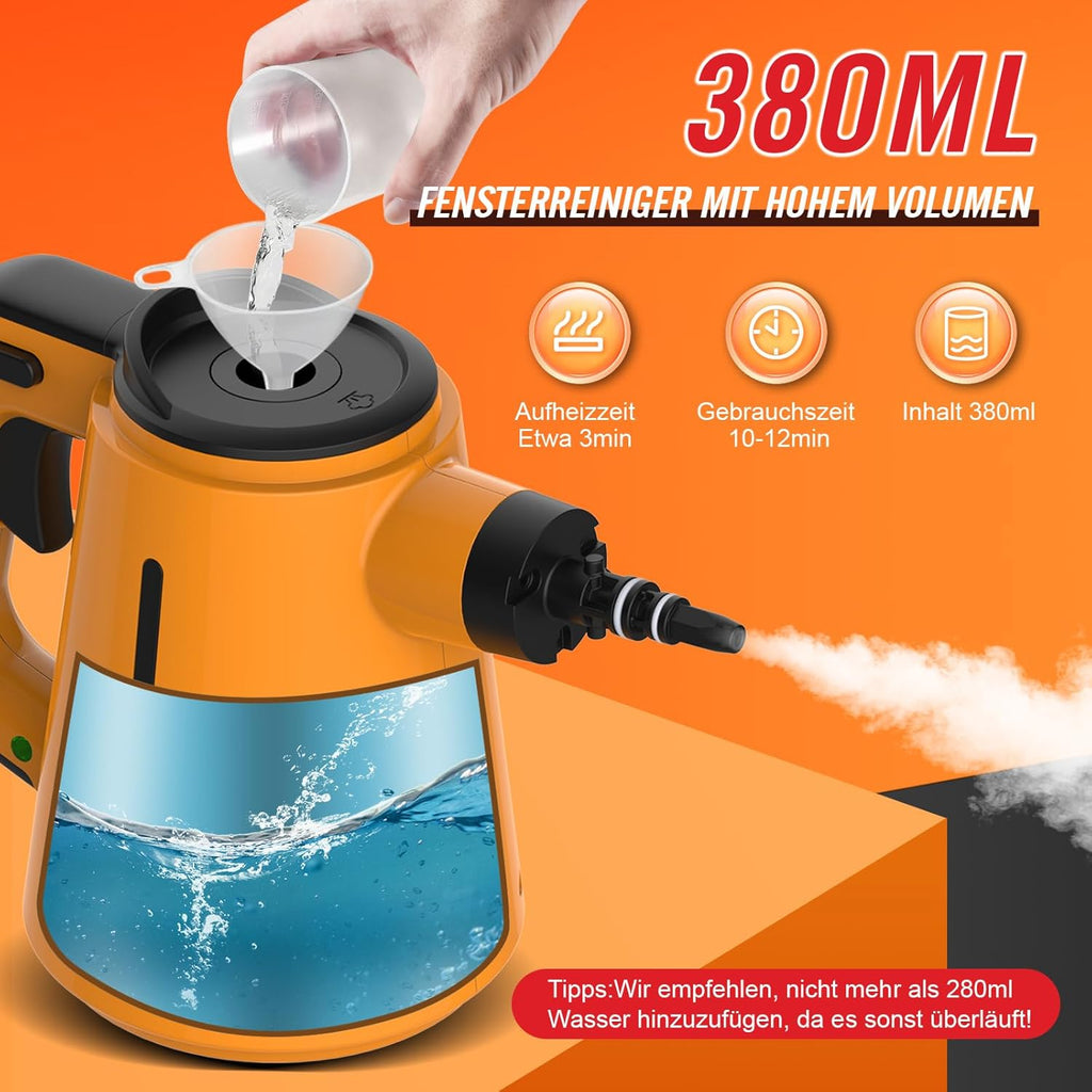 Pulitore a vapore con 10 accessori, 1050W Pulitore a vapore portatile per tutti i punti difficili da raggiungere come lavandini, WC, Pulitore a vapore multifunzionale per la casa e i pavimenti
