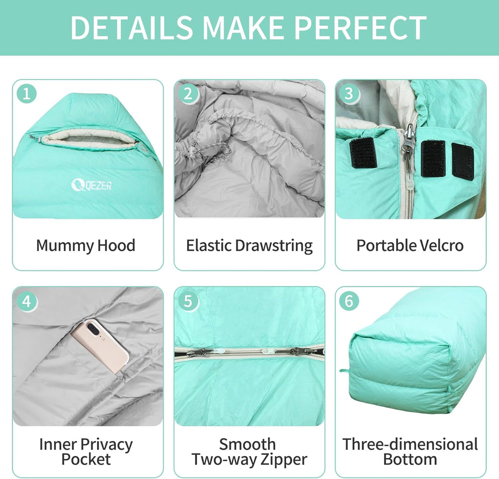 QEZER Daunenschlafsack Warmer Winter Schlafsack Outdoor -8°C bis -23°C 4 Jahreszeiten Mumienschlafsack für Erwachsener und Jugendliche Camping Outdoor und Indoor
