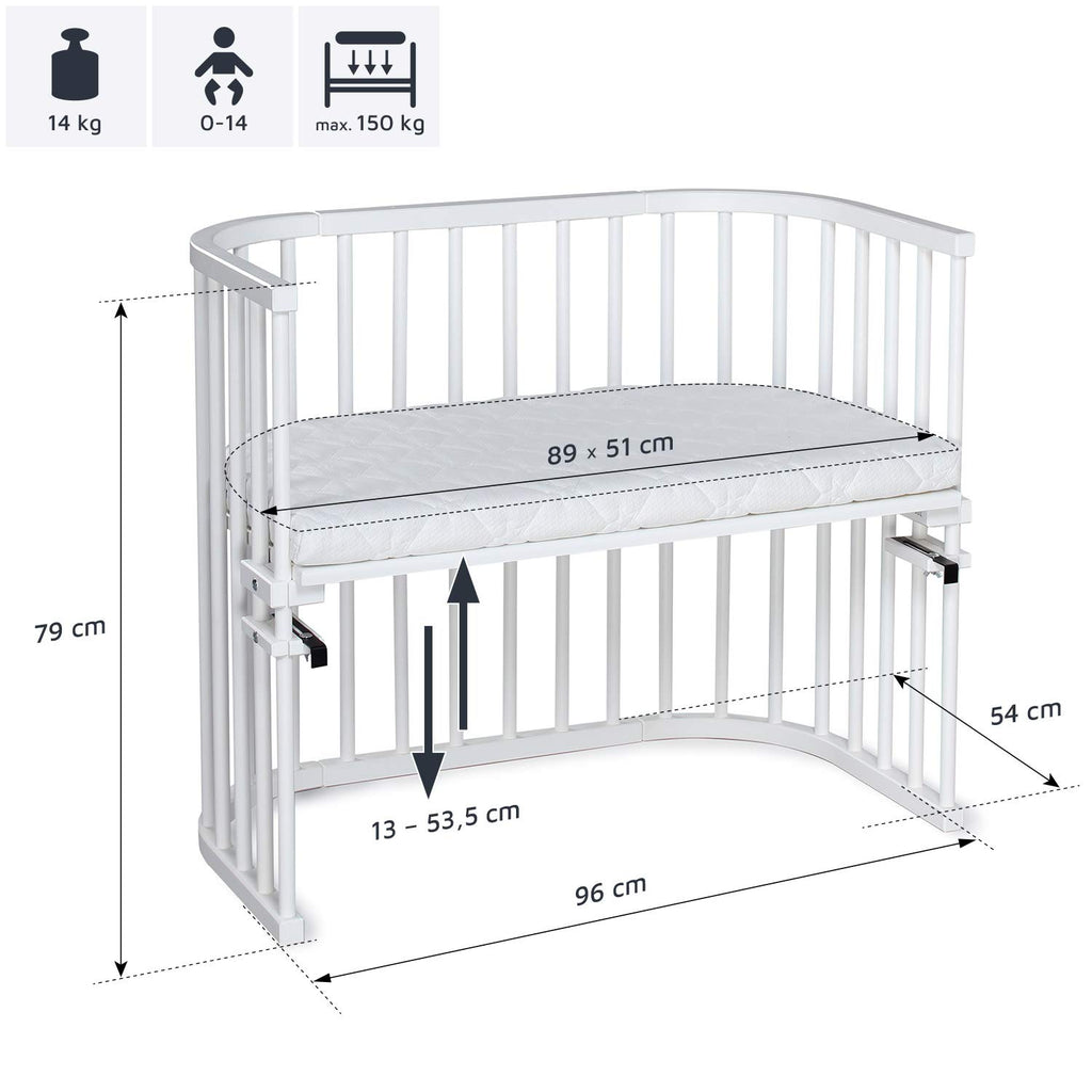babybay Original Lettino da affiancare in massello di faggio / compatto e trasformabile / Lettino per bambini regolabile in altezza senza livelli preimpostati ed ecologico / Lettino evolutivo (laccato bianco) / inclusa Matratze