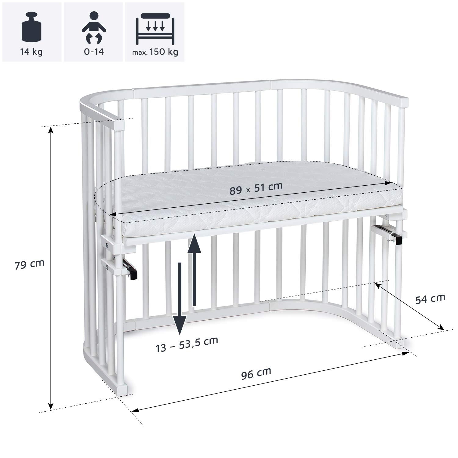 babybay Original Lettino da affiancare in massello di faggio / compatto e trasformabile / Lettino per bambini regolabile in altezza senza livelli preimpostati ed ecologico / Lettino evolutivo (laccato bianco) / inclusa Matratze