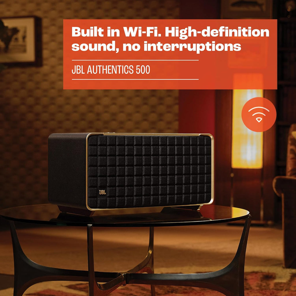 JBL Authentics 200 Smart Home Altoparlante – Cassa Bluetooth dal design retrò anni '70 – Con griglia Quadrex, Google Assistant, Alexa, AirPlay e JBL One App – Nero