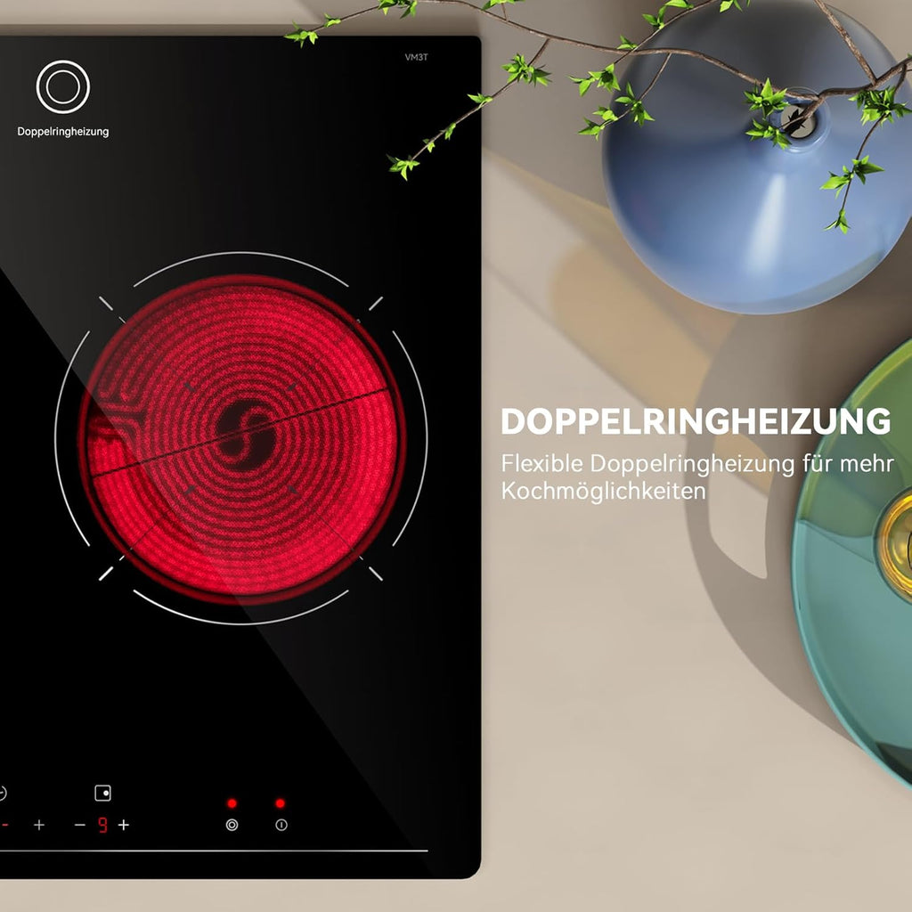 Hermitlux Domino Glaskeramikkochfeld,Eingebaut 29 cm schwarz Glaskeramik elektrisches Kochfeld,9 Leistungsstufen,Sensor-Touch-Steuerung, Kindersicherung, 1-99 Minuten-Timer,Geeignet für Alle Tpfe