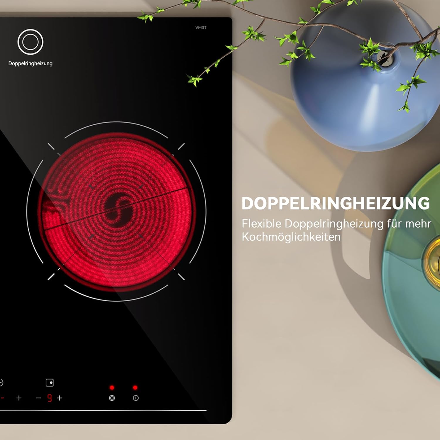 Hermitlux Domino Glaskeramikkochfeld,Eingebaut 29 cm schwarz Glaskeramik elektrisches Kochfeld,9 Leistungsstufen,Sensor-Touch-Steuerung, Kindersicherung, 1-99 Minuten-Timer,Geeignet für Alle Tpfe